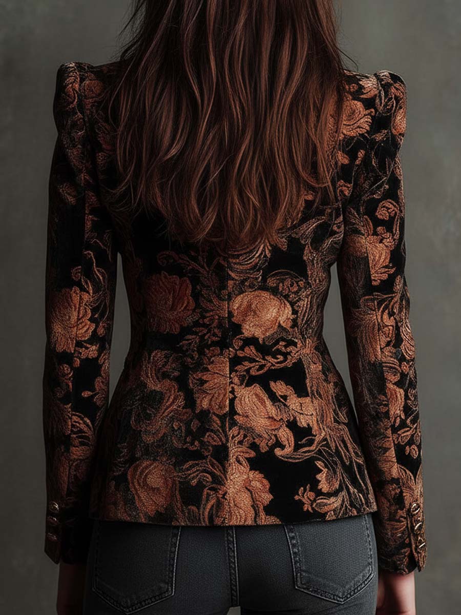 Bertille | Blazer aus floralem Jacquard-Velours, Schwarz und Bronze