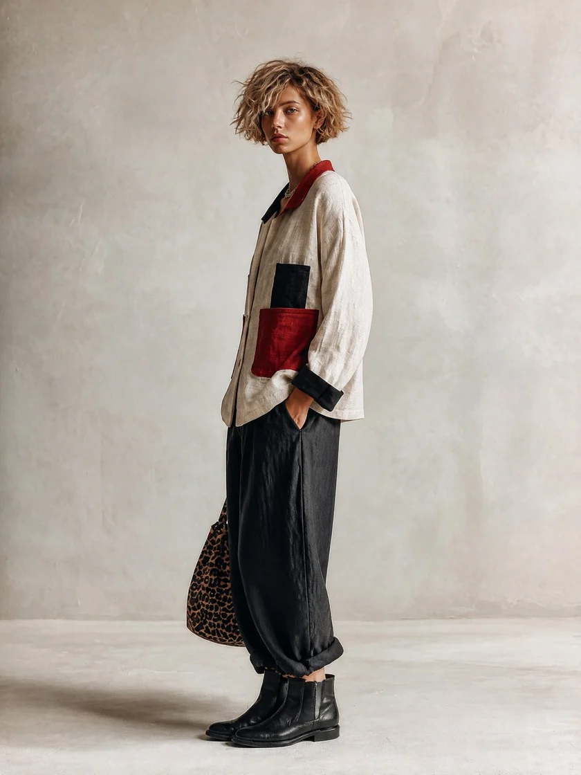 Lidia | Komplettset Farbblockhemd und weite Hose, Beige und Schwarz