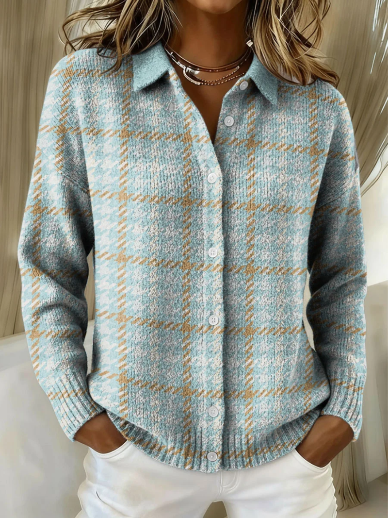 Clara | Himmelblaues Karomuster Strickjacke