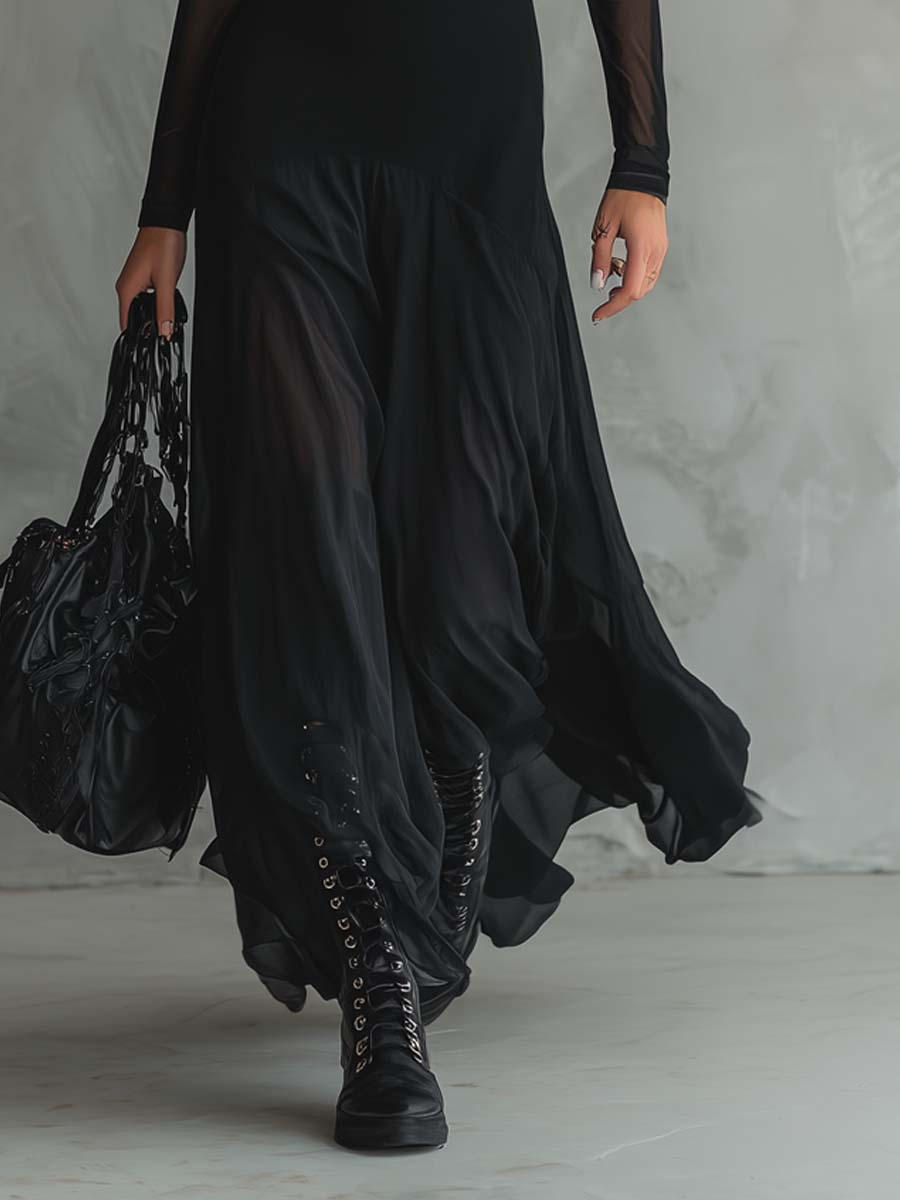 Rosaria | Maxikleid mit Transparenten Ärmeln und Schichtenrock, Schwarz