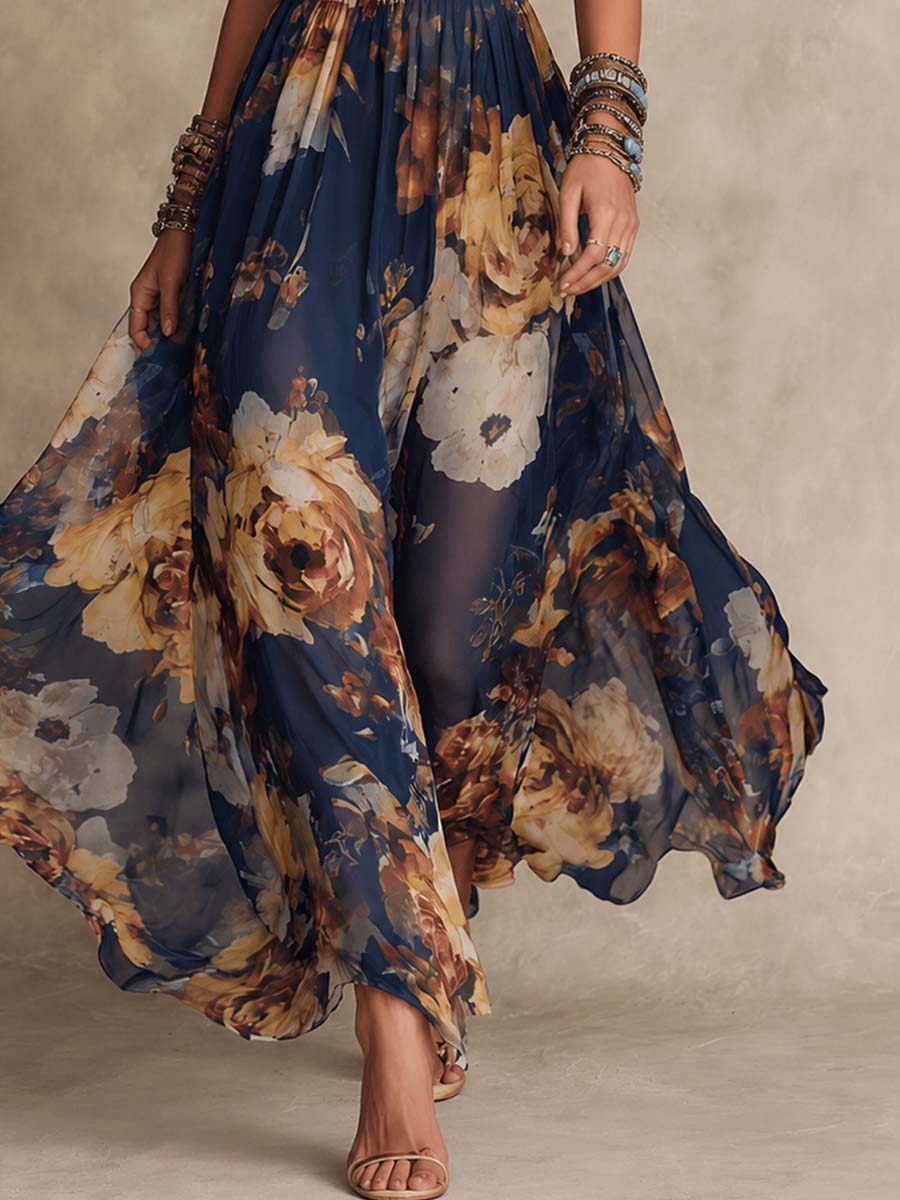 Melissa | Maxikleid aus Chiffon mit Blumenmuster und dünnen Trägern, Marineblau