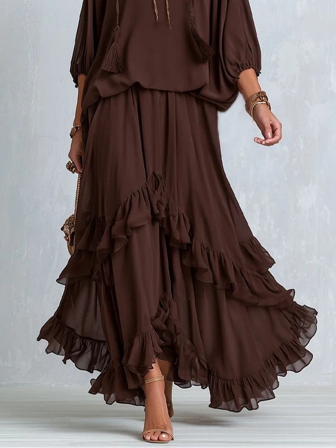 Dalila | Komplett-Set aus Chiffon mit Rüschenshirt und Rock, Schokolade