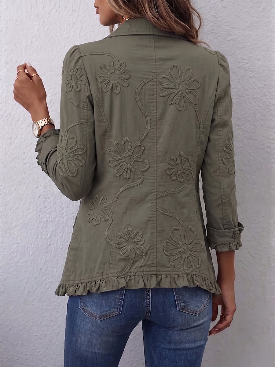 Faustine | Utility-Jacke mit floralem Stickerei und Volants, Olivgrün