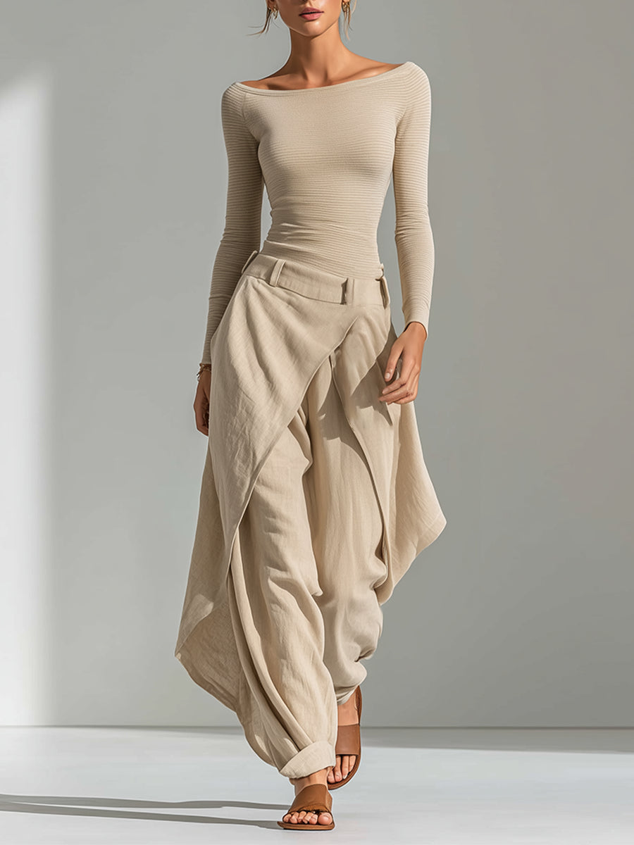 Sandra | Komplett-Set mit U-Boot-Ausschnitt und Drapé-Hose, Beige