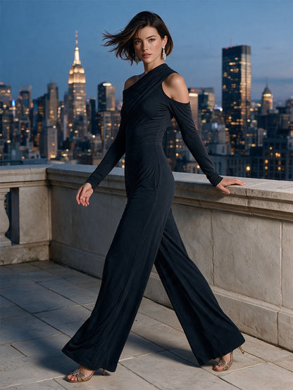 Dafne | Einseitiger Jumpsuit mit Drapierung und weitem Bein, Schwarz