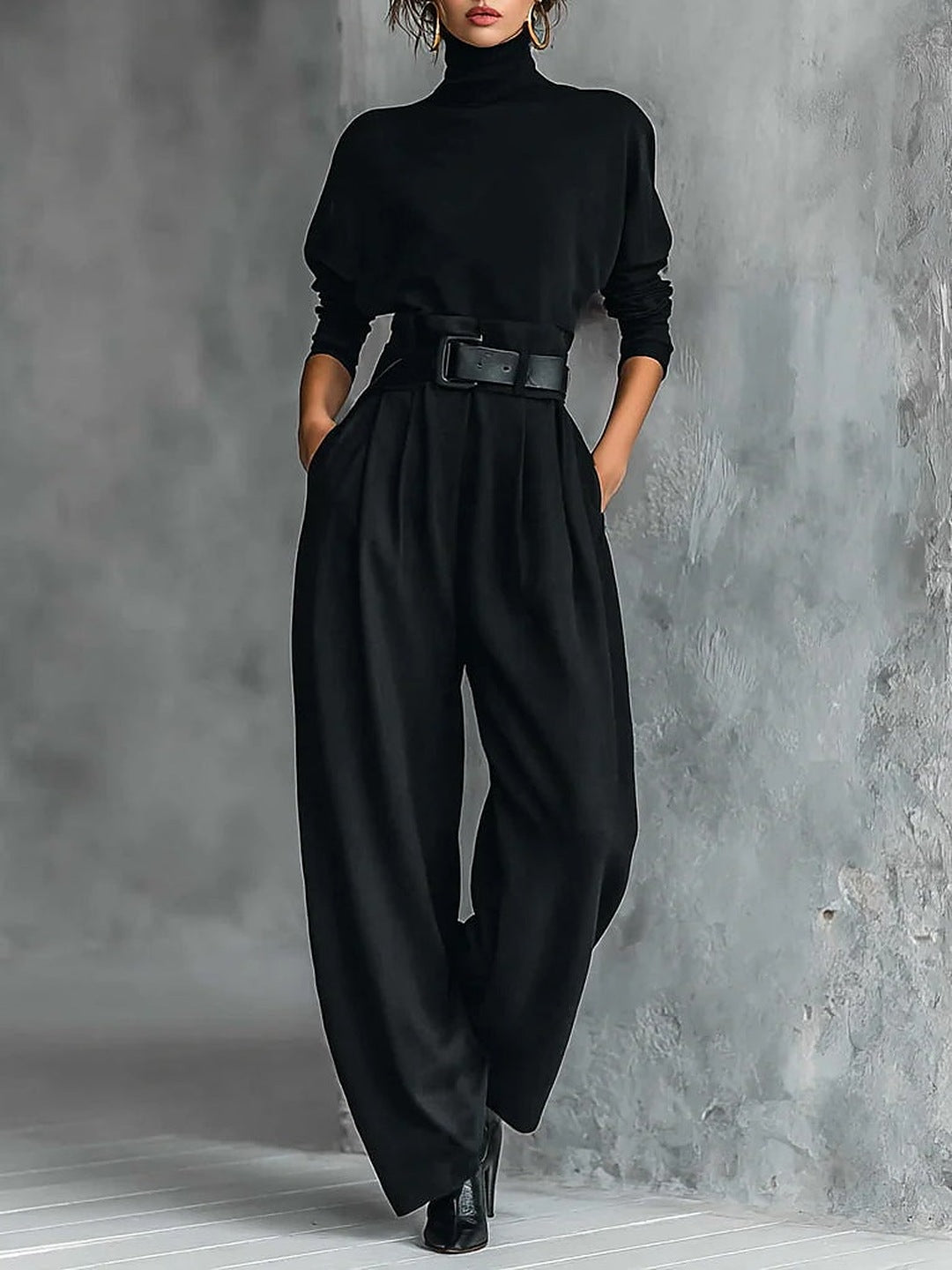 Donata | Komplett Dolcevita und Weite Hose mit Gürtel, Schwarz