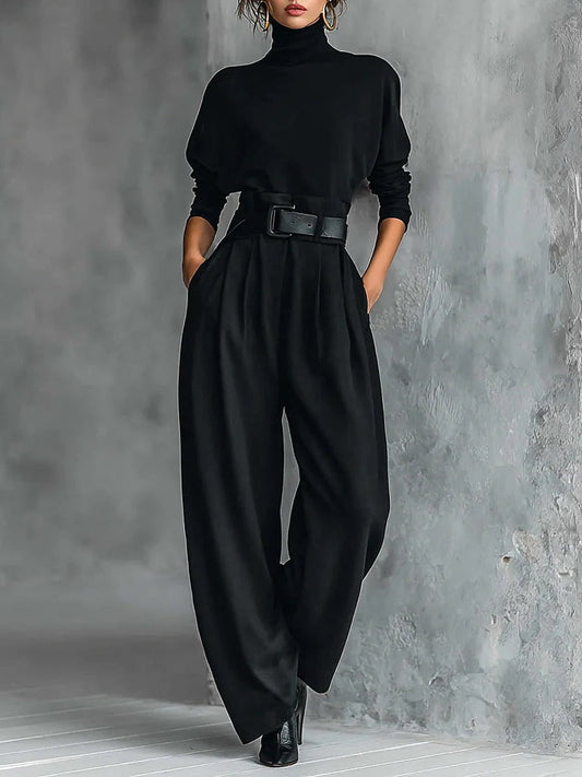 Donata | Komplett Dolcevita und Weite Hose mit Gürtel, Schwarz
