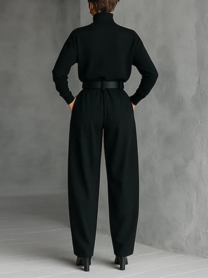Donata | Komplett Dolcevita und Weite Hose mit Gürtel, Schwarz