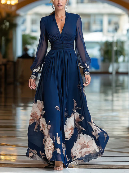 Loretta | Maxikleid mit Transparenten Ärmeln und Floralprint am Saum, Marineblau