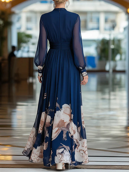 Loretta | Maxikleid mit Transparenten Ärmeln und Floralprint am Saum, Marineblau