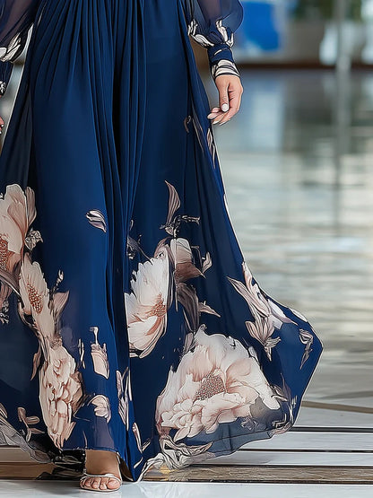 Loretta | Maxikleid mit Transparenten Ärmeln und Floralprint am Saum, Marineblau