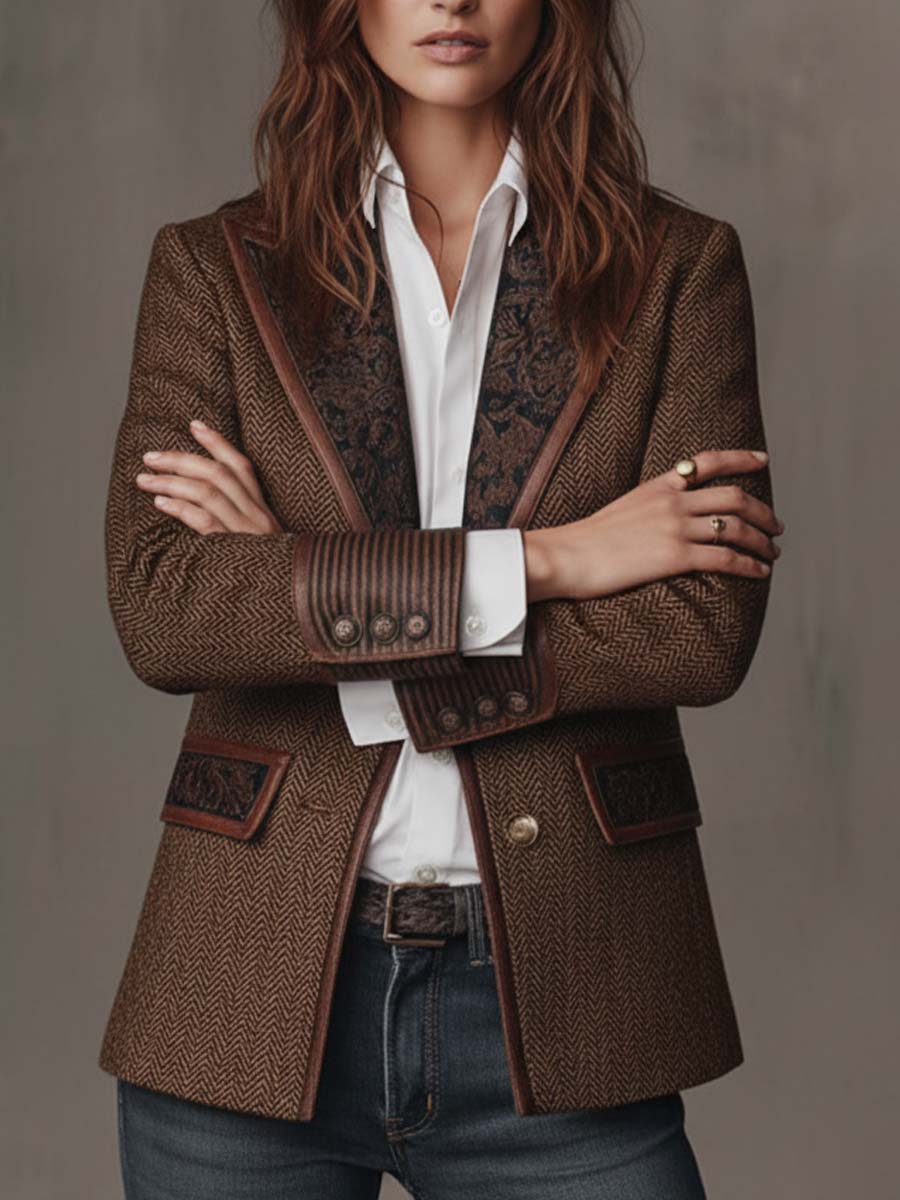Gisèle | Blazer aus Fischgrätstoff mit Paisley-Revers, Braun