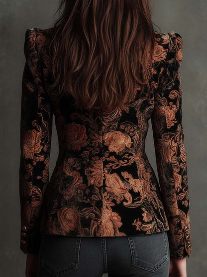 Bertille | Blazer aus floralem Jacquard-Velours, Schwarz und Bronze
