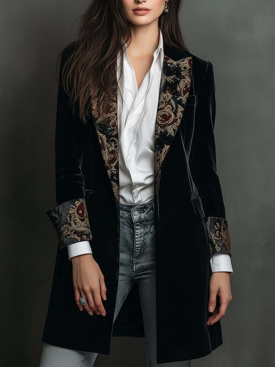 Léontine | Langer Blazer aus Samt mit revers aus goldenem Brokat, Schwarz