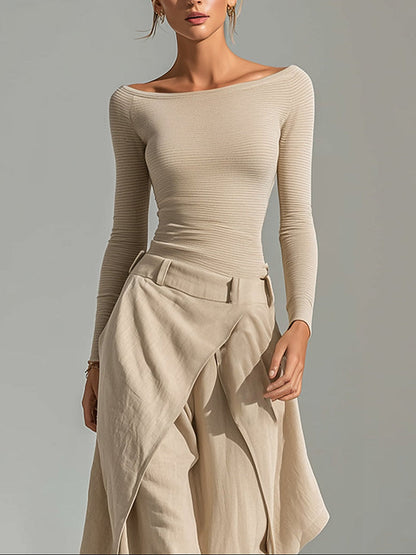 Sandra | Komplett-Set mit U-Boot-Ausschnitt und Drapé-Hose, Beige