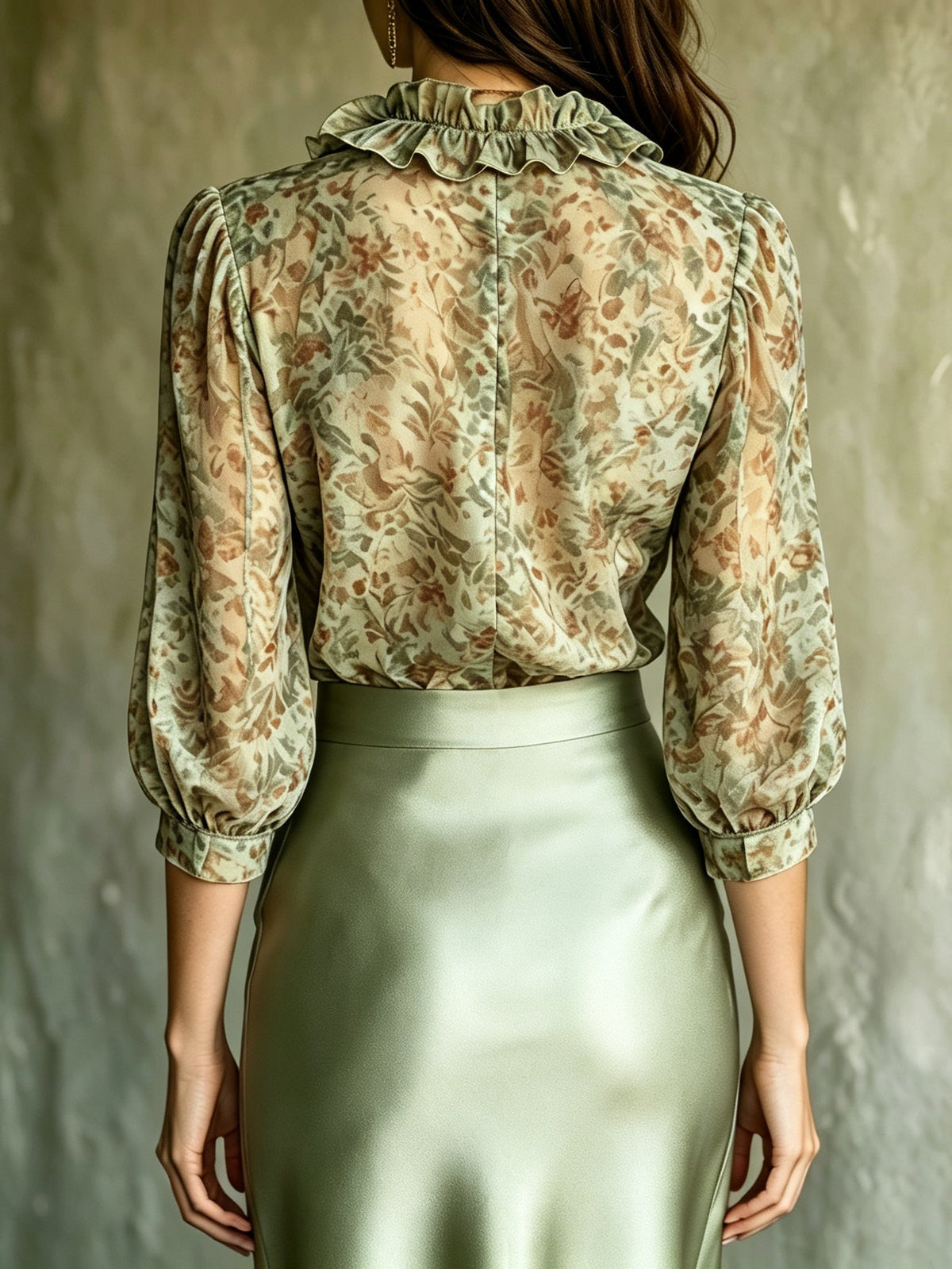 Giuliana | Komplettset Bluse mit Blumenmuster und Satinrock, Salbeigrün