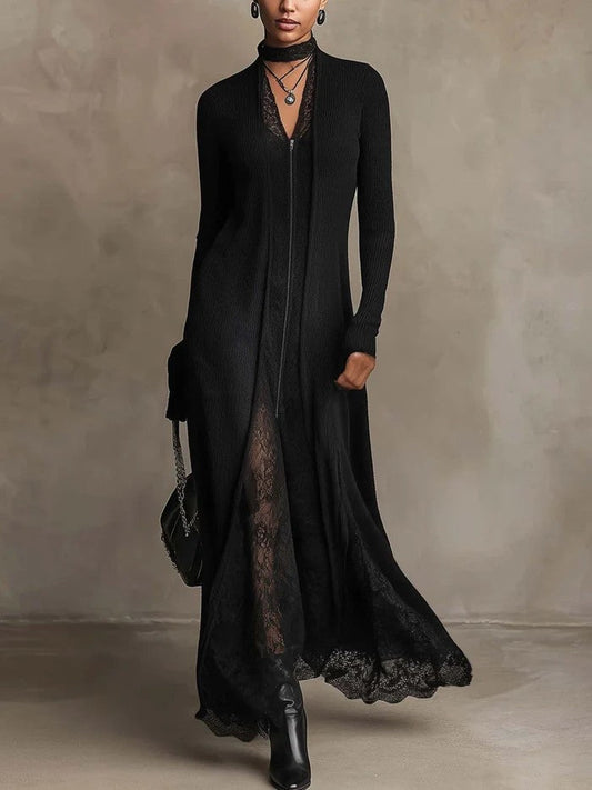 Corinna | Maxikleid aus Rippstrick mit Spitzen-Einsätzen
