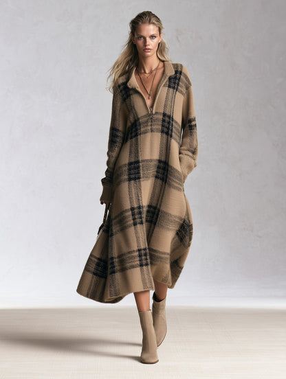 Adelaide | Midi-Kleid aus Karo-Strick mit halbem Reißverschluss, Camel