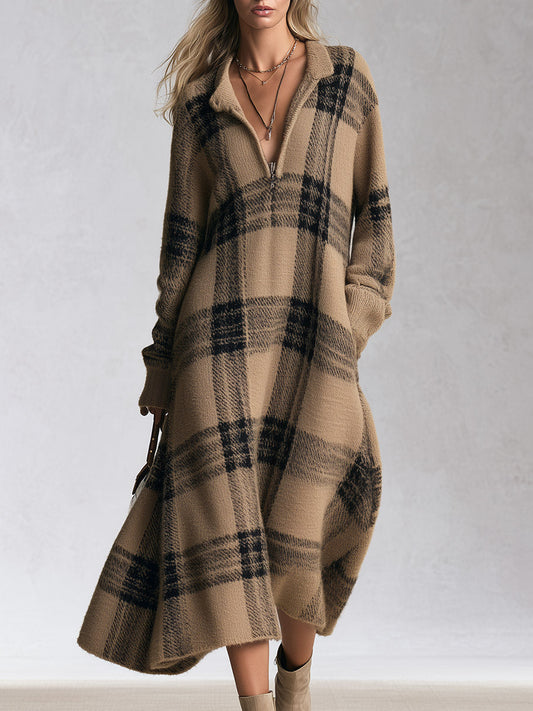 Adelaide | Midi-Kleid aus Karo-Strick mit halbem Reißverschluss, Camel