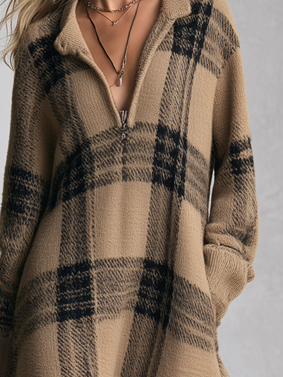 Adelaide | Midi-Kleid aus Karo-Strick mit halbem Reißverschluss, Camel