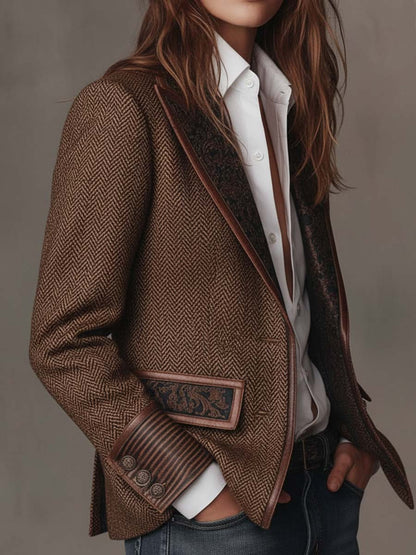 Gisèle | Blazer aus Fischgrätstoff mit Paisley-Revers, Braun