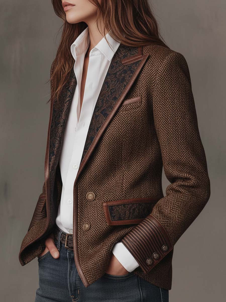 Gisèle | Blazer aus Fischgrätstoff mit Paisley-Revers, Braun