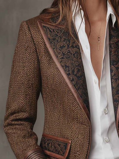 Gisèle | Blazer aus Fischgrätstoff mit Paisley-Revers, Braun