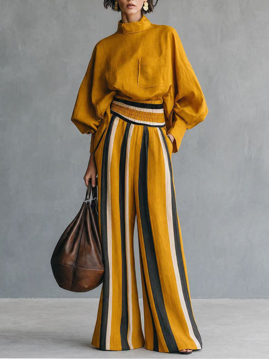 Valeria | Komplettset mit weiter Bluse und gestreiften Hosen, Senfgelb