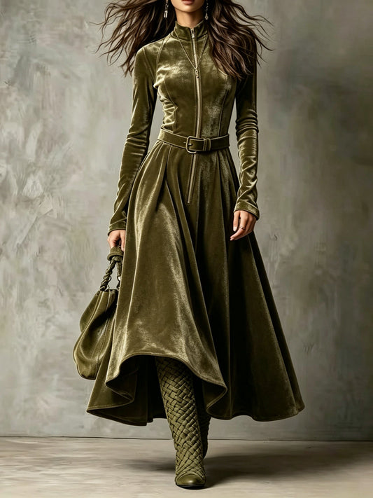 Smeralda | Maxi-Vintage-Kleid aus Samt mit Reißverschluss und Gürtel, Olivgrün