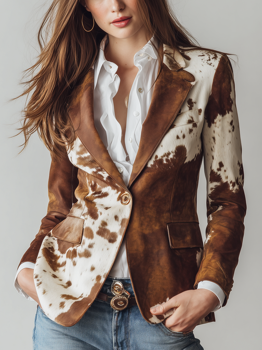 Agathe | Vintage-Blazer aus Wildleder-Optik mit Kuhdruck, Braun und Weiß