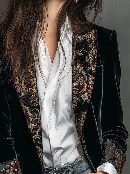 Léontine | Langer Blazer aus Samt mit revers aus goldenem Brokat, Schwarz