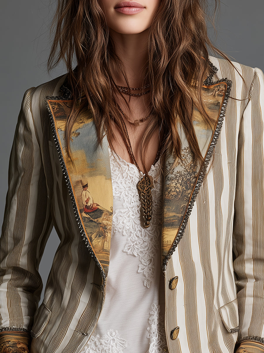 Suzanne | Bohemian Blazer mit Gemaltem Panel, Khaki