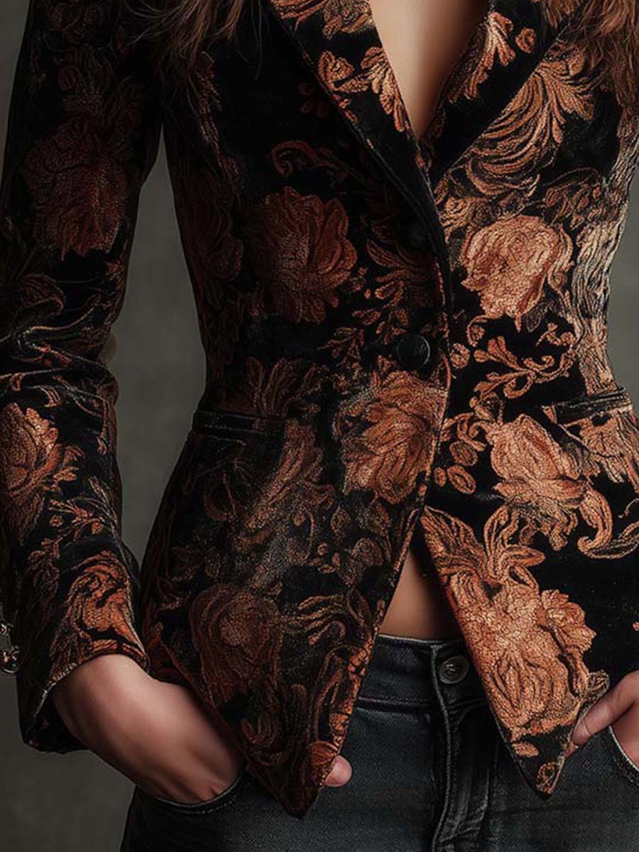 Bertille | Blazer aus floralem Jacquard-Velours, Schwarz und Bronze