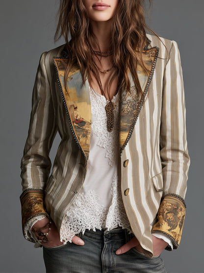 Suzanne | Bohemian Blazer mit Gemaltem Panel, Khaki