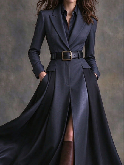 Azzurra | Maxikleid mit Western-Revers und Gürtel, Marineblau