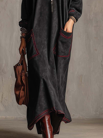 Rossana | Maxi-Kleid aus Wildleder-Optik mit kontrastierenden roten Nähten und aufgesetzten Taschen