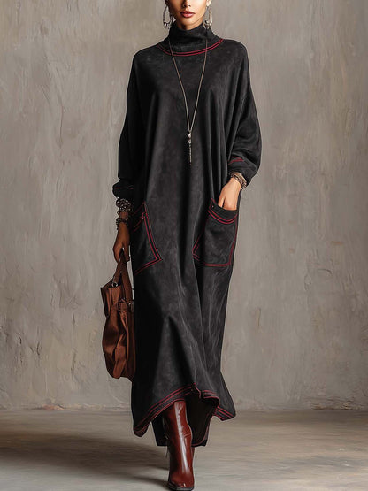 Rossana | Maxi-Kleid aus Wildleder-Optik mit kontrastierenden roten Nähten und aufgesetzten Taschen