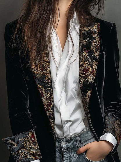 Léontine | Langer Blazer aus Samt mit revers aus goldenem Brokat, Schwarz