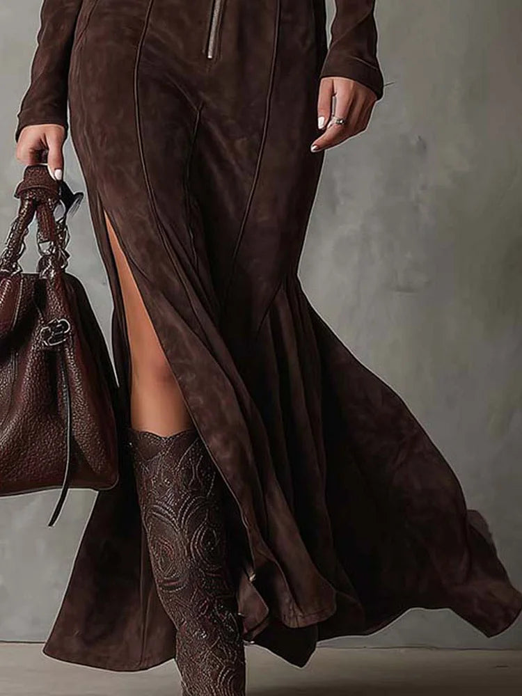 Marceline | Braunes Maxikleid mit Gürtel