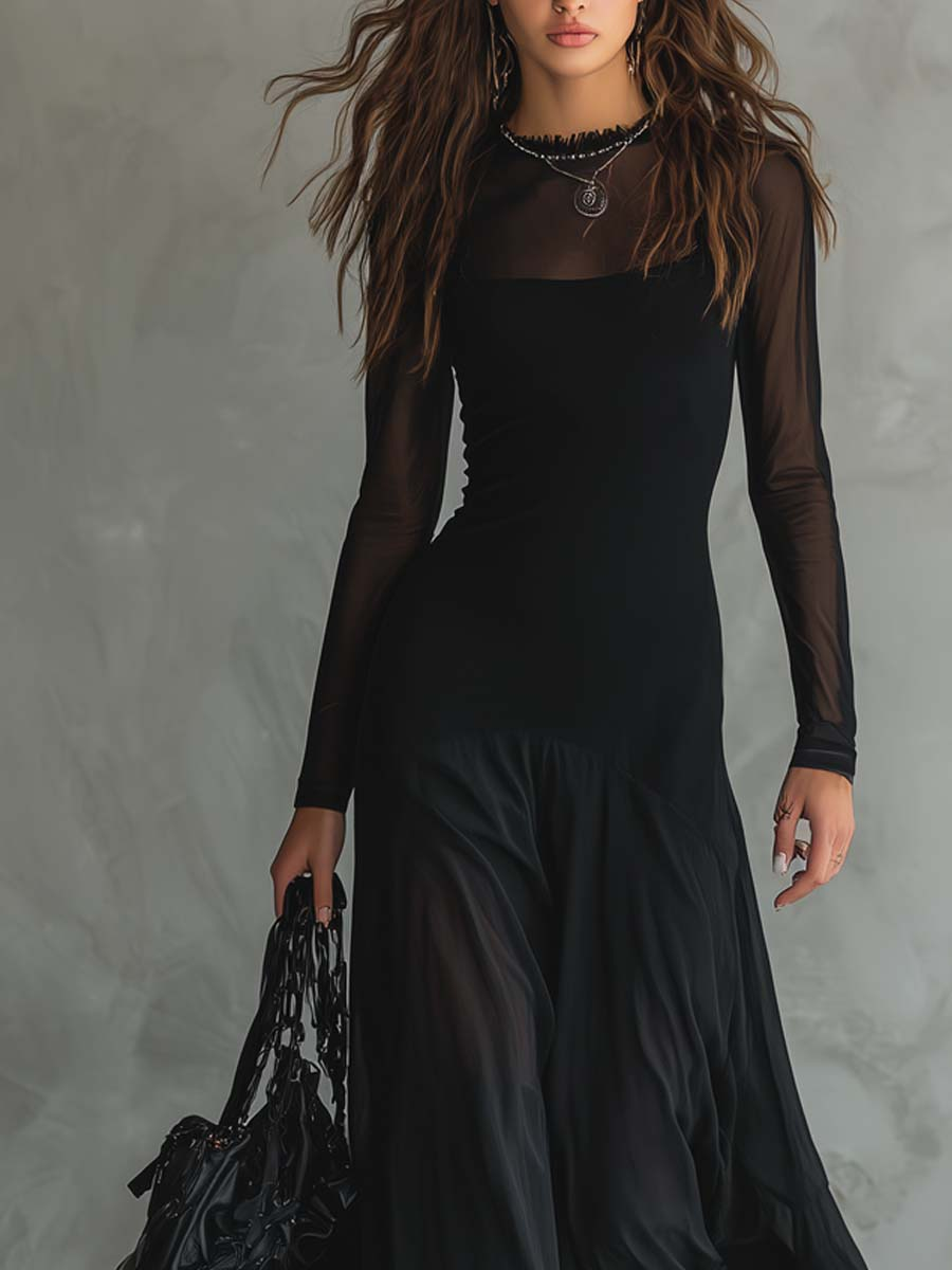 Rosaria | Maxikleid mit Transparenten Ärmeln und Schichtenrock, Schwarz
