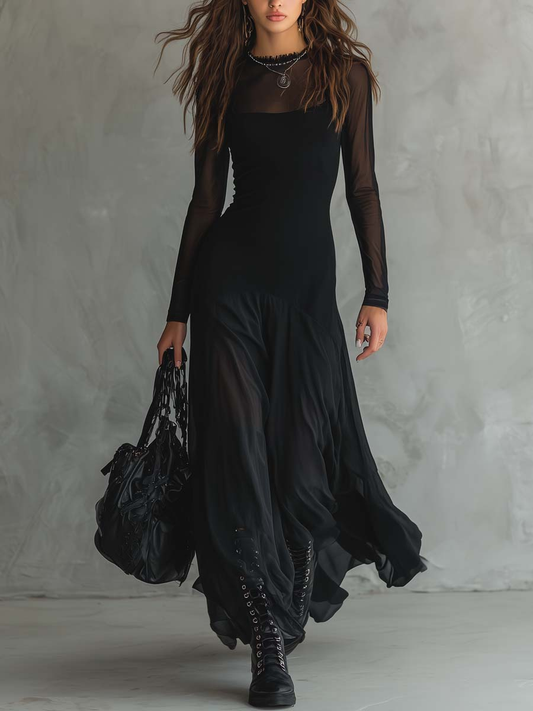 Rosaria | Maxikleid mit Transparenten Ärmeln und Schichtenrock, Schwarz