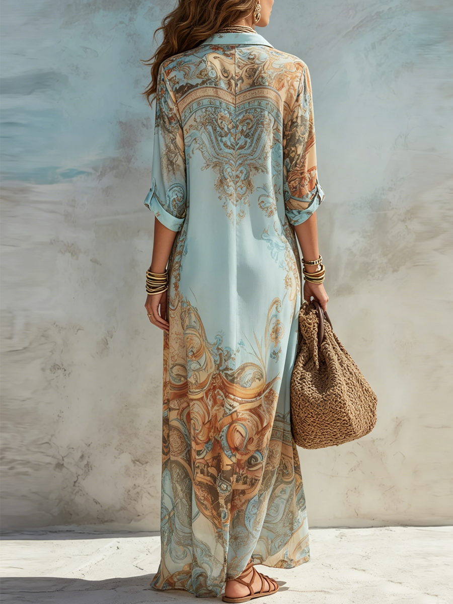 Velia | Maxikleid Chemisier mit Barockdruck, Himmelblau