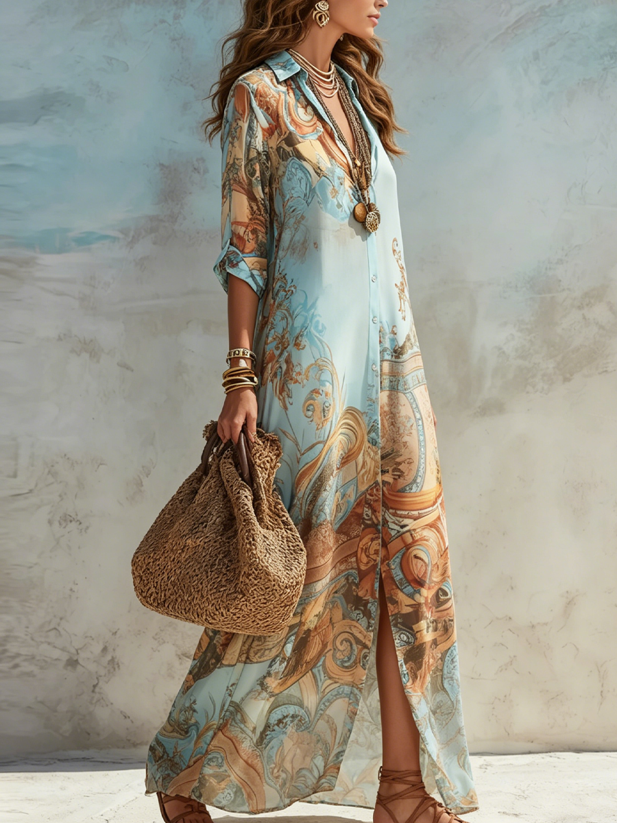 Velia | Maxikleid Chemisier mit Barockdruck, Himmelblau