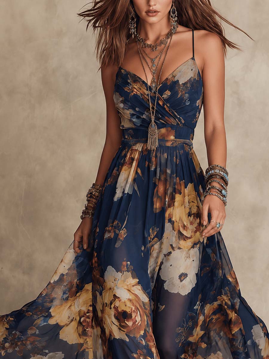 Melissa | Maxikleid aus Chiffon mit Blumenmuster und dünnen Trägern, Marineblau