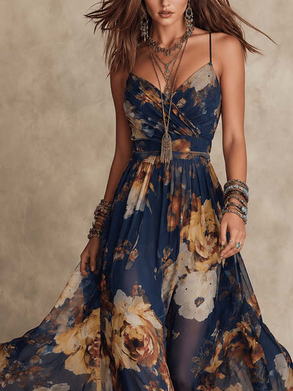 Melissa | Maxikleid aus Chiffon mit Blumenmuster und dünnen Trägern, Marineblau