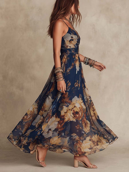 Melissa | Maxikleid aus Chiffon mit Blumenmuster und dünnen Trägern, Marineblau