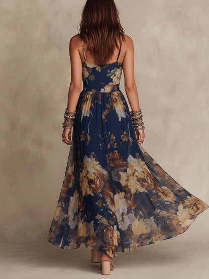 Melissa | Maxikleid aus Chiffon mit Blumenmuster und dünnen Trägern, Marineblau
