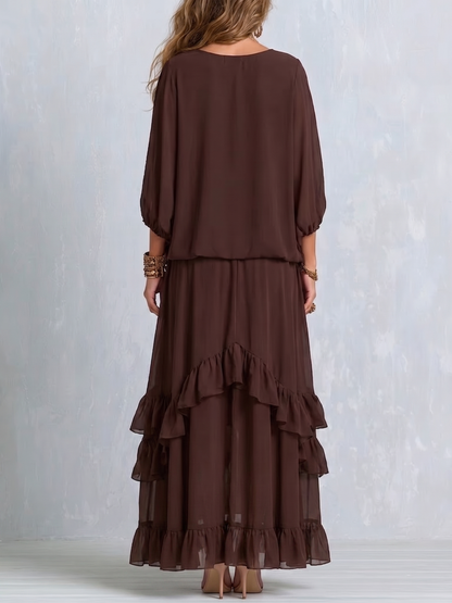 Dalila | Komplett-Set aus Chiffon mit Rüschenshirt und Rock, Schokolade