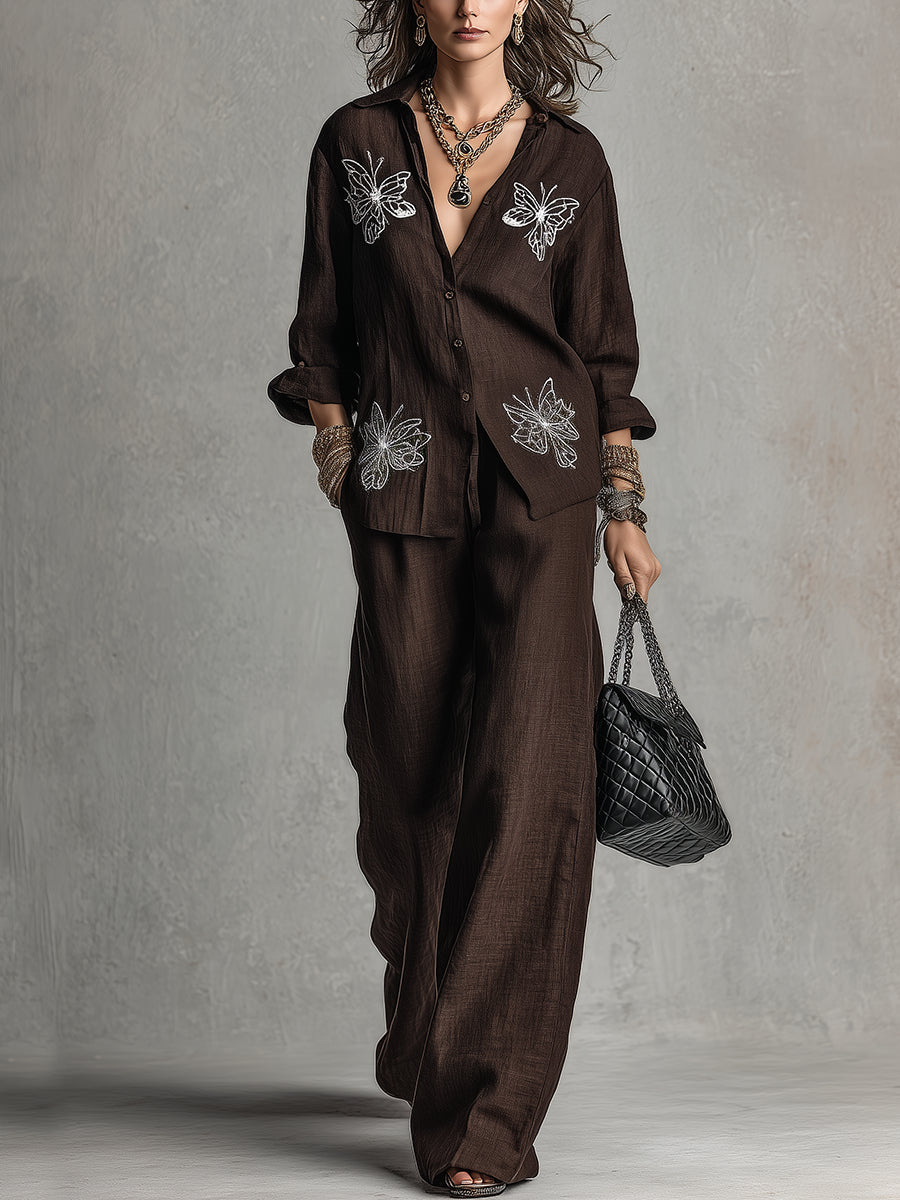 Sabina | Komplett Hemd mit Stickerei und Weitenhose, Braun