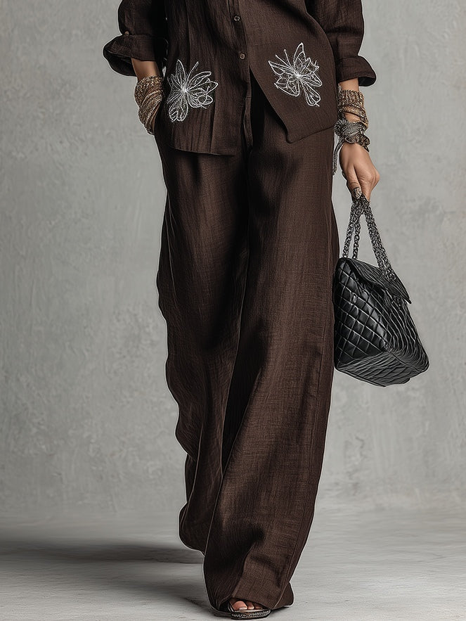 Sabina | Komplett Hemd mit Stickerei und Weitenhose, Braun